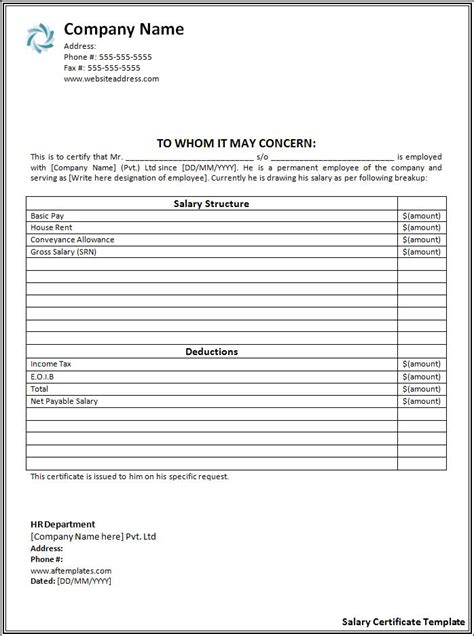 10 Salary Certificate Formats Free Certificate Templates In Word