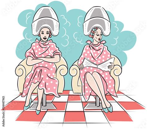Retro Vector Line Art Drawing Of Two Women With Hair Rollers Sitting