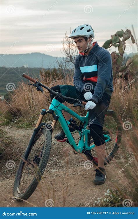 Portrait Of Mountain Bike Biker On Mtb Trail In Barcelona Stock Image