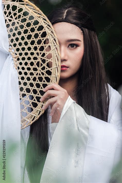 Close Up Portrait Beautiful Chinese Woman White Dress Traditional