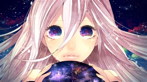 Wallpaper Anime Planet Space Blue Pink Hair Tears Ia Vocaloid