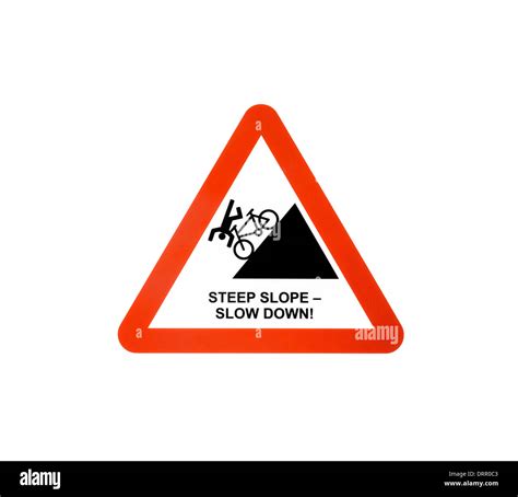 Red Triangle Warning Sign For Cyclists Steep Slope Slow Down Stock