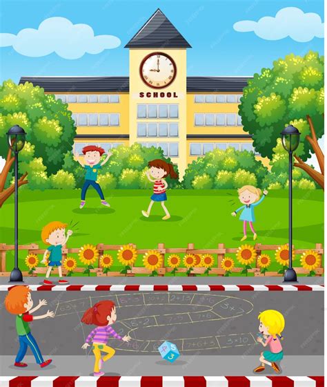 Premium Vector Students Playing In Front Of School