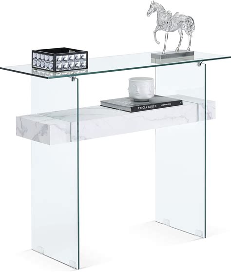 Ivinta Narrow Glass Console Table With Storage Modern Sofa Table Entryway Table Glass Writing