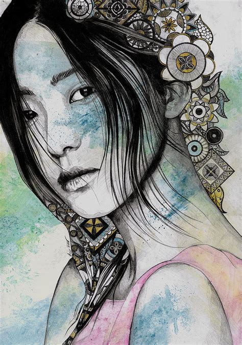 Stoic Asian Girl Street Art Portrait With Mandala Doodles Drawing By Marco Paludet
