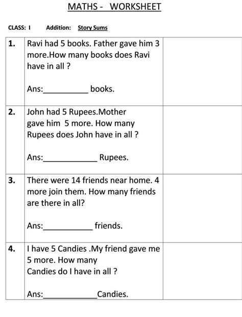 To start practicing, just click on any link. Story sum - Class 1 Maths Worksheet | Worksheets for class ...