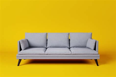 Grey Couch With Pillows On Studio Yellow Background Stock Illustration