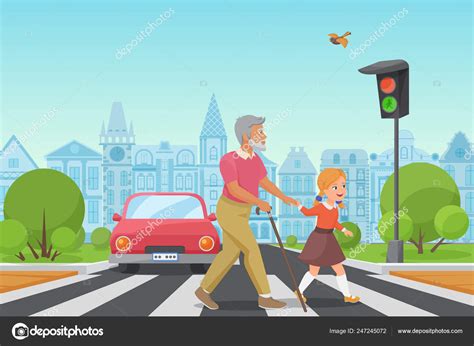 Helping Senior Old Man Little Girl Kid Helps An Old Man To Cross The