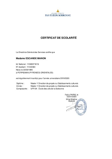 Pdf Certificat De ScolaritÉ Manon Escande Py