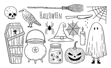 Doodle Set Of Spooky Halloween Elements 3498574 Vector Art At Vecteezy