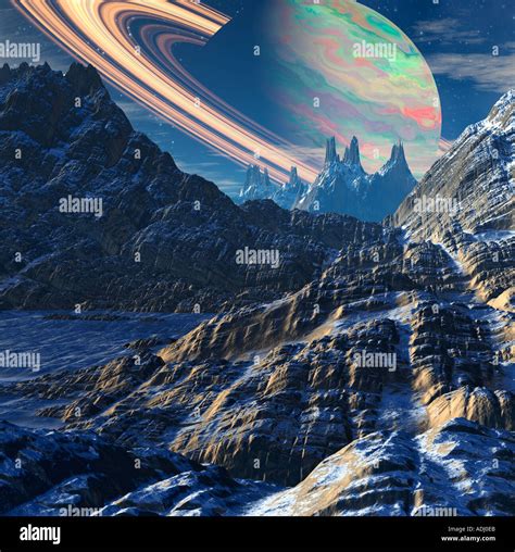 Saturn With Rings Rising Over Rocky Moon 3d Computer Generated Sci Fi