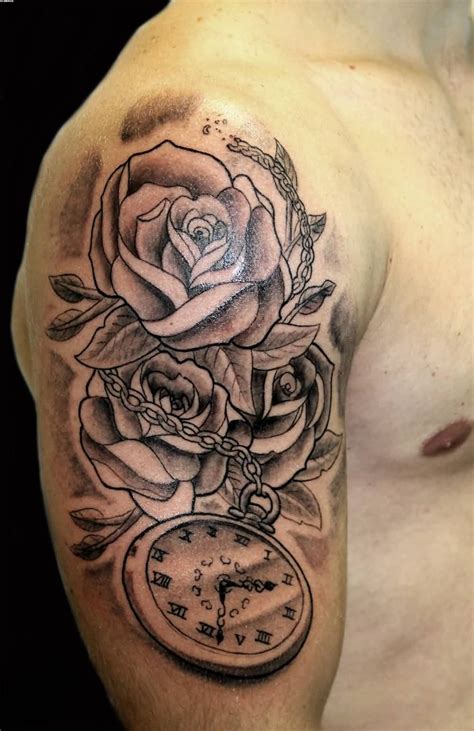Arm rose and clock tattoo stencil. Grey Roses And Clock Tattoo On Man Right Half Sleeve ...