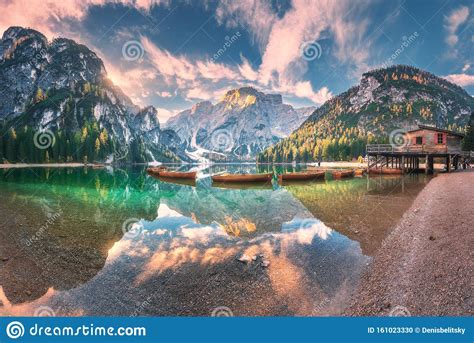 Amazing Braies Lake At Sunrise In Autumn In Dolomites Italy Stock