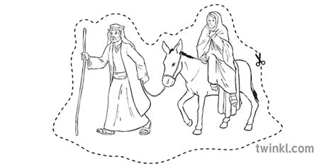 Mary On A Donkey With Joseph Dot Line Black And White Ilustración Twinkl