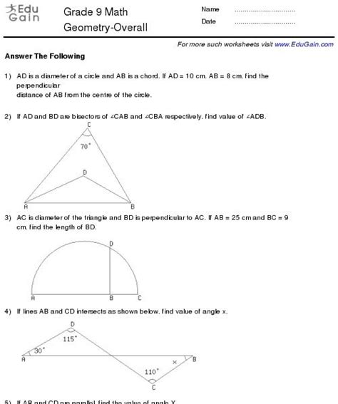 Grade 9 Maths Geometry Worksheets Esl Math Worksheets
