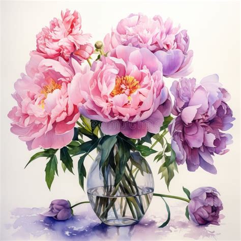 Watercolor Painting Of Pink Peonies In A Vase Stock Illustration