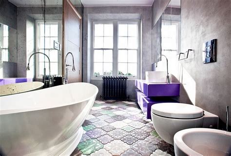On the other wall sections, the bathroom selects the plain, purple wallpaper. 23 Amazing Purple Bathroom Ideas, Photos, Inspirations