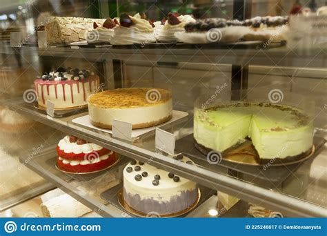 Beautiful Mouth Watering Cakes And Pastries On A Glass Showcase Close