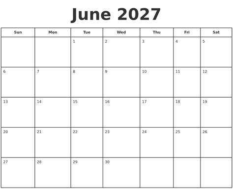 June 2027 Print A Calendar