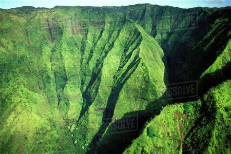 Hawaii Kauai Mt Waialeale Lush Aerial View Of Mountain Ridges