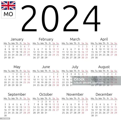 Takvim 2024 İngilizce Pazartesi Stok Vektör Sanatı And 2024‘nin Daha