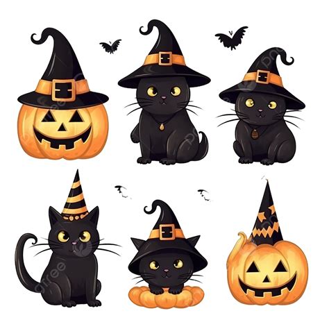 Halloween Set Cute Ghosts Black Cats Witch Hats And Brooms Autumn Mood