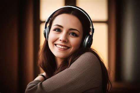 Premium Ai Image A Woman Wearing Headphones Is Smiling And Looking At