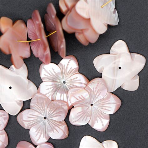 Pink Mother Of Pearl Shell Carved Flowers Center Drilled Etsy