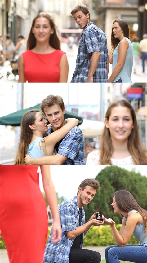 A simple stock photo of a man looking at a woman while his girlfriend is disgusted. Here's Where the 'Distracted Boyfriend' Meme Came From ...