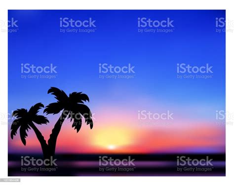 Sunrise Tropical Abstract Landscape Silhouettes Of Palm Trees Stock