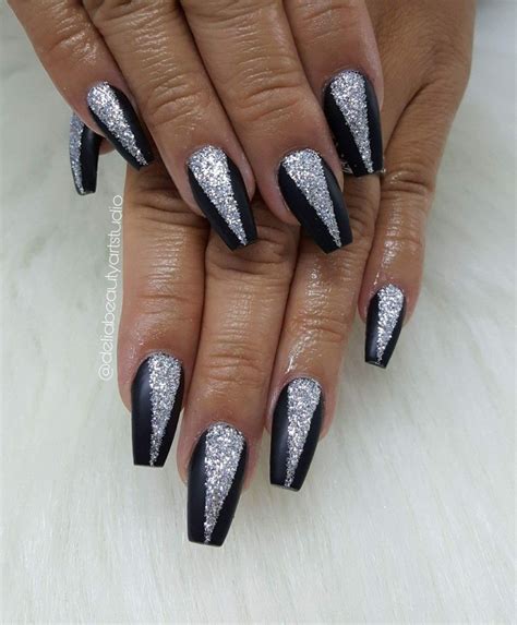 Black And Silver Coffin Acrylic Nails Tips Color Short Acrylic Nails