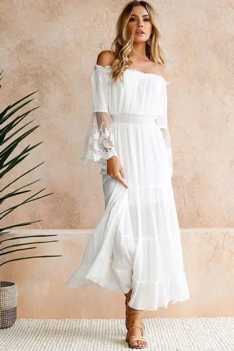 White Dress Elegant Boho Chic Long Dress Beach Casual Summer Dresses 2019 Lace Slash Neck Female