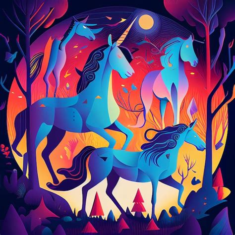 Premium Ai Image Bright Painting Unicorn Forest Magical
