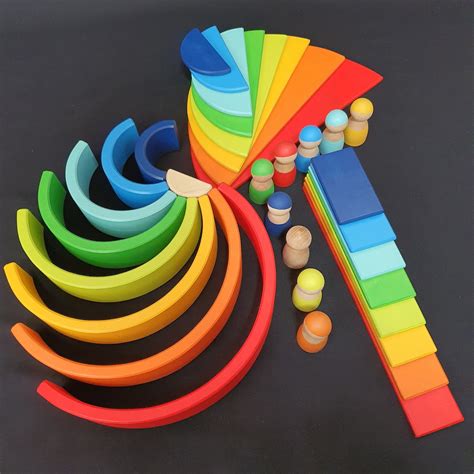 Wooden Rainbow Stacking Toy Set 34 Pieces Rainbow Building Boards