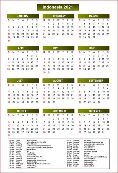 Printable Indonesia 2021 Calendar With Holidays Pdf Calendar Dream