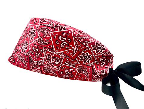 Red Bandana Fitted Scrub Cap Pixie Cap Surgical Hat Back Etsy In