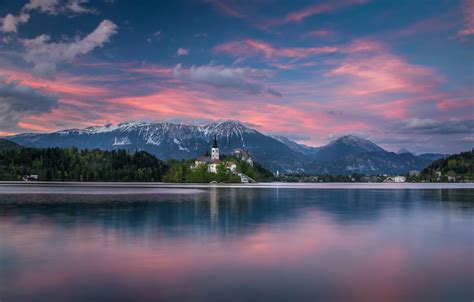Wallpaper Sunset Mountains Lake Island Slovenia Lake Bled