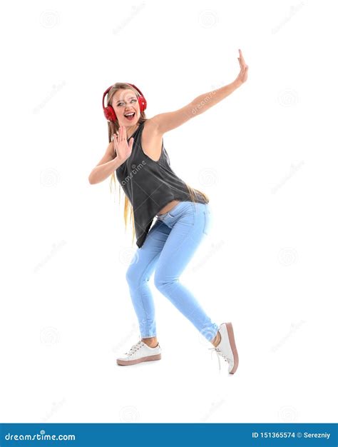 Beautiful Young Woman Dancing On White Background Stock Photo Image