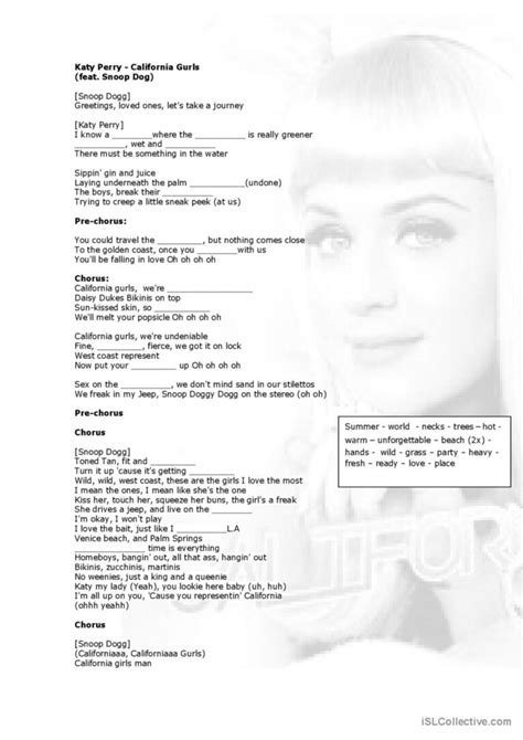 Song California Gurls By Katy Perr English Esl Worksheets Pdf And Doc