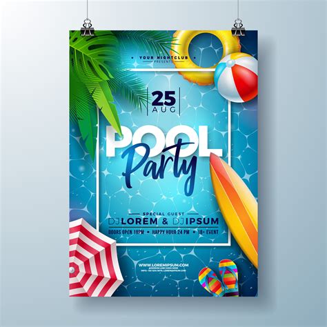Summer Pool Party Poster Design Template With Palm Leaves Water Beach Ball And Float On Blue