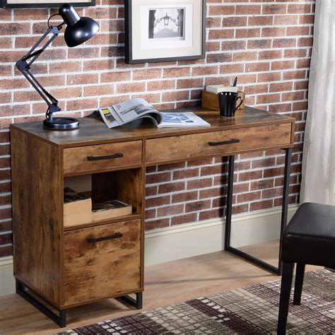 1200mm Rustic Wooden Natural Black Office Desk With Drawers Metal Legs