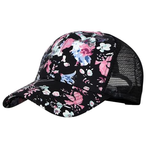 Women Adjustable Baseball Hat Flower Print Fashion Hip Hop Mesh Cap