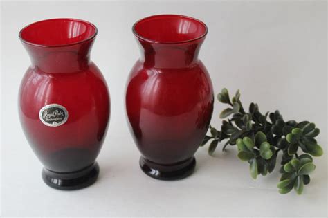 Vintage Royal Ruby Red Glass Vases Pair W Original Anchor Hocking Label