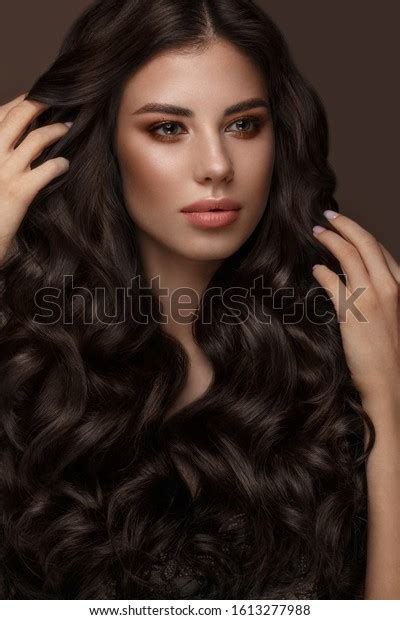 Beautiful Brunette Model Curls Classic Makeup Stock Photo 1613277988