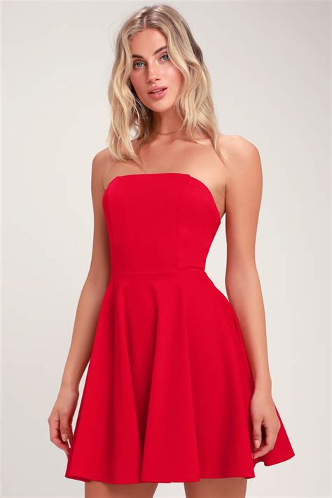 buy short red strapless dress in stock