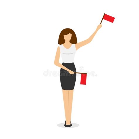 Young Woman Traffic Controller Holding Flags And Showing Right Way