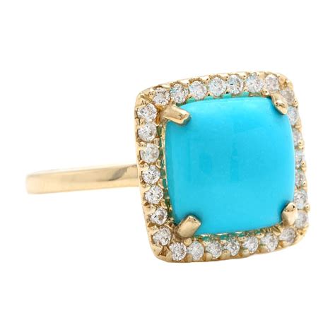3 60 Carats Natural Turquoise And Diamond 14k Solid Yellow Gold Ring