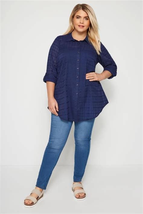 Plus Size Navy Dobby Check Tie Front Shirt Sizes To Yours