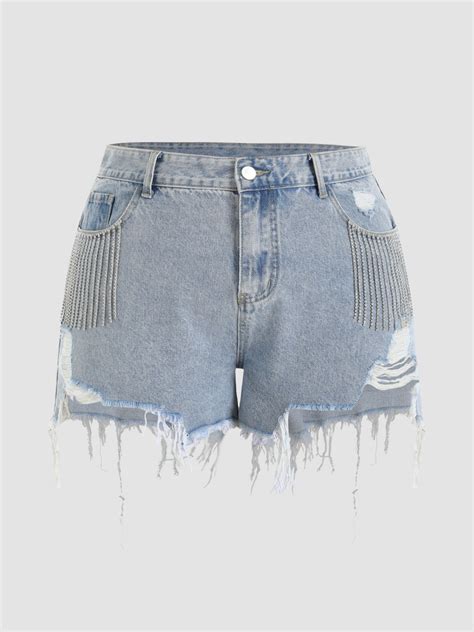 Diamond Tassels Ripped Denim Shorts Curve And Plus Cider