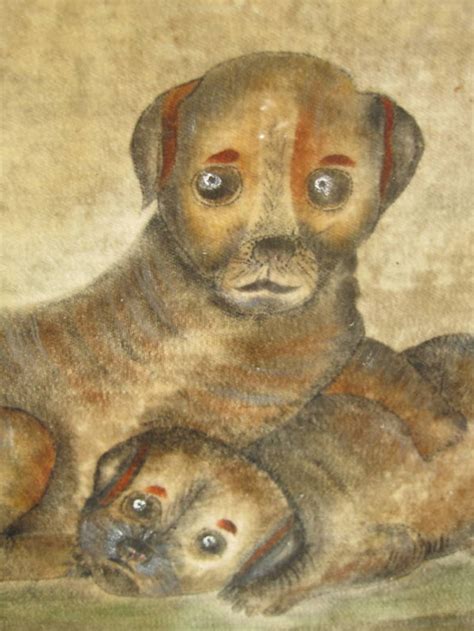 Anonymous Works 19th Century Folk Art Painting On Velvet Of Two Dogs